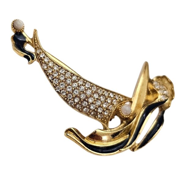 1928 Brand Sail Boat Brooch Clear Rhinestone Blue Enamel Vintage Pin - Picture 3 of 8